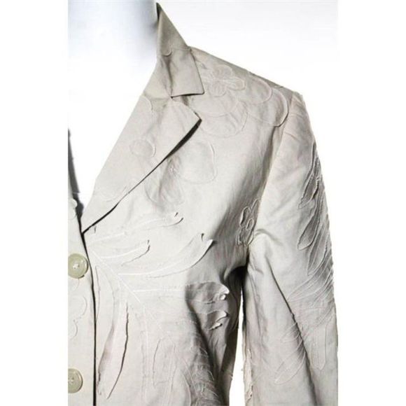 Cacharel Beige Tan VNeck Cotton Floral Accent Button Down Blazer - Picture 3 of 7